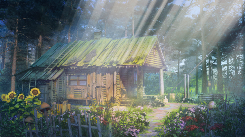 arsenixc barrel commentary_request day door fence flower forest garden grass highres house ladder nature no_humans original outdoors scenery stairs sunflower sunlight tree window