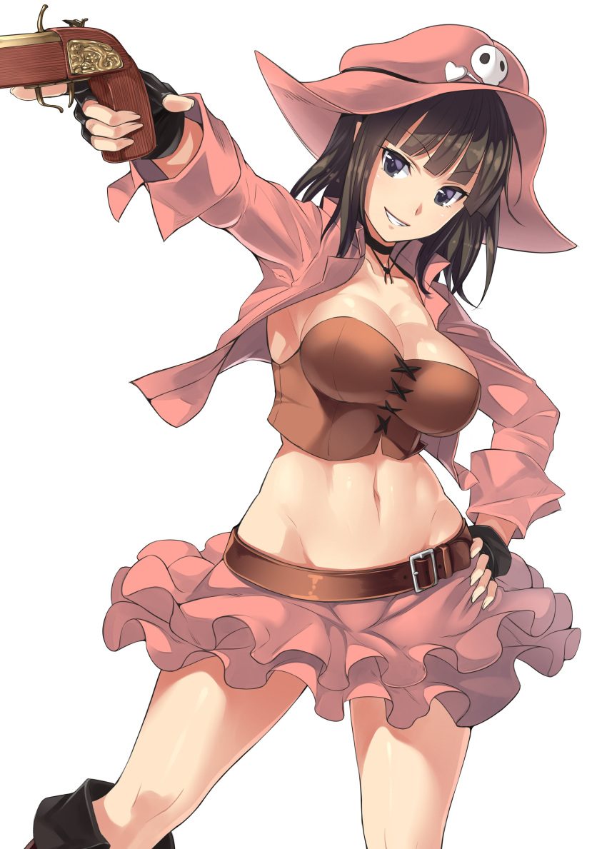 &gt;:) 1girl absurdres bandeau bangs belt black_eyes black_gloves black_hair blunt_bangs breasts choker cleavage cowboy_shot fingerless_gloves gloves grin groin gun hand_on_hip hat highres holding holding_gun holding_weapon large_breasts layered_skirt looking_at_viewer miniskirt navel open_clothes open_shirt orochi_itto pink_shirt pink_skirt sennen_sensou_aigis shirt skirt skull_and_crossbones smile solo stomach trigger_discipline verotte_(sennen_sensou_aigis) weapon