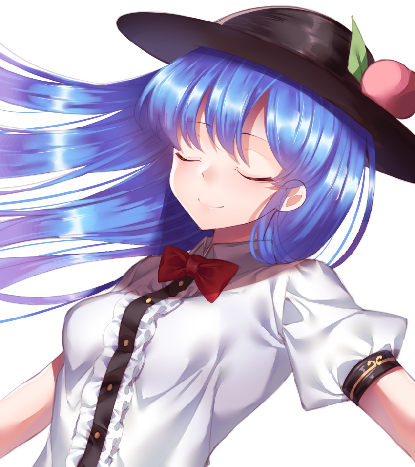 1girl absurdres bangs black_hat blue_hair bow bowtie breasts closed_eyes closed_mouth eyebrows_visible_through_hair food fruit gem_oblivion hat highres hinanawi_tenshi leaf long_hair medium_breasts peach puffy_short_sleeves puffy_sleeves red_bow red_bowtie short_sleeves simple_background smile solo touhou upper_body white_background