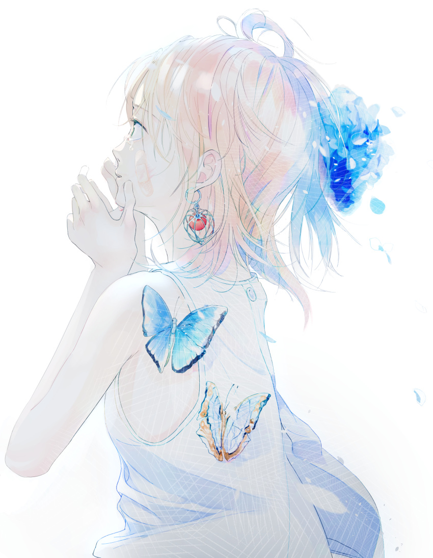 1girl aspara bangs blonde_hair blue_flower butterfly eyebrows_visible_through_hair flower from_side green_eyes hair_flower hair_ornament hands_up highres light_smile original parted_lips petals simple_background solo tank_top tearing_up tears upper_body white_background wind