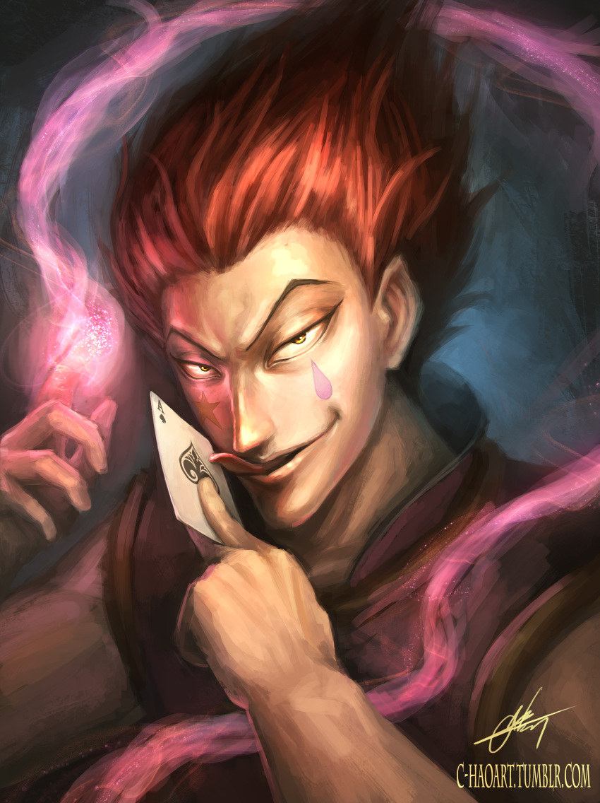 1boy absurdres ace_of_spades card commentary facial_tattoo grin highres hisoka_(hunter_x_hunter) holding holding_card index_finger_raised jacket looking_at_viewer magic male_focus narutocuhh parted_lips pink_jacket pointy_hair redhead signature sleeveless sleeveless_jacket smile solo star tattoo teardrop tongue tongue_out tumblr_username watermark web_address yellow_eyes