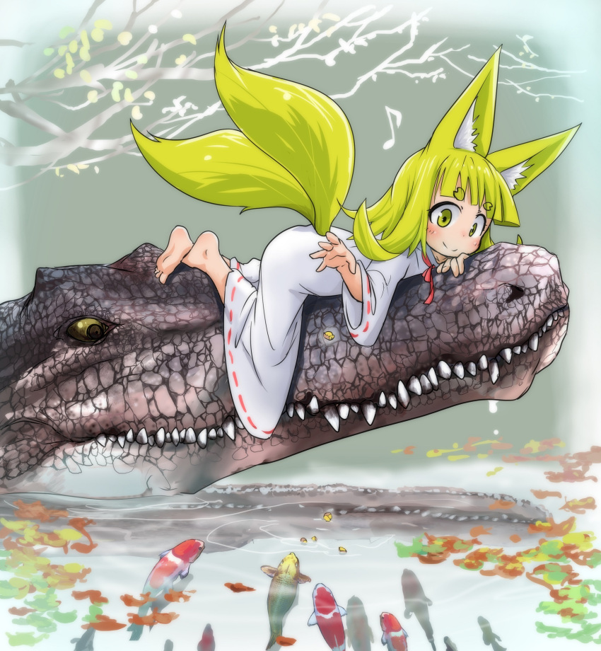 &gt;:) 1girl animal_ears barefoot blush closed_mouth commentary_request crocodilian doitsuken dress feeding fish fox_ears fox_girl fox_tail highres lake long_sleeves looking_down lying medium_hair multiple_tails on_animal on_stomach original reflection short_eyebrows smile tail thick_eyebrows water_surface white_dress wide_sleeves