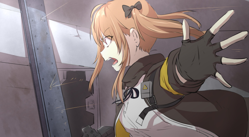 1girl absurdres bow fingerless_gloves from_side girls_frontline gloves hair_bow highres jacket light_brown_hair open_mouth outstretched_arm outstretched_hand profile ricocheting shirt shouting solo twintails ump9_(girls_frontline) white_shirt xiu_jiayihuizi