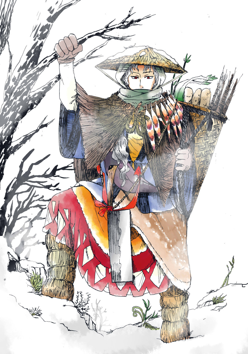 1girl absurdres adapted_costume arm_up bag bare_tree carrying covered_mouth day dress food full_body gloves grabbing graphite_(medium) hand_up hat hatchet highres japanese_clothes long_hair long_sleeves looking_at_viewer multicolored multicolored_clothes nib_pen_(medium) outdoors pencil red_eyes sakata_nemuno scarf scarf_over_mouth silver_hair snow solo standing tagme touhou traditional_media tree uoheie_kinniku_2 wide_sleeves winter