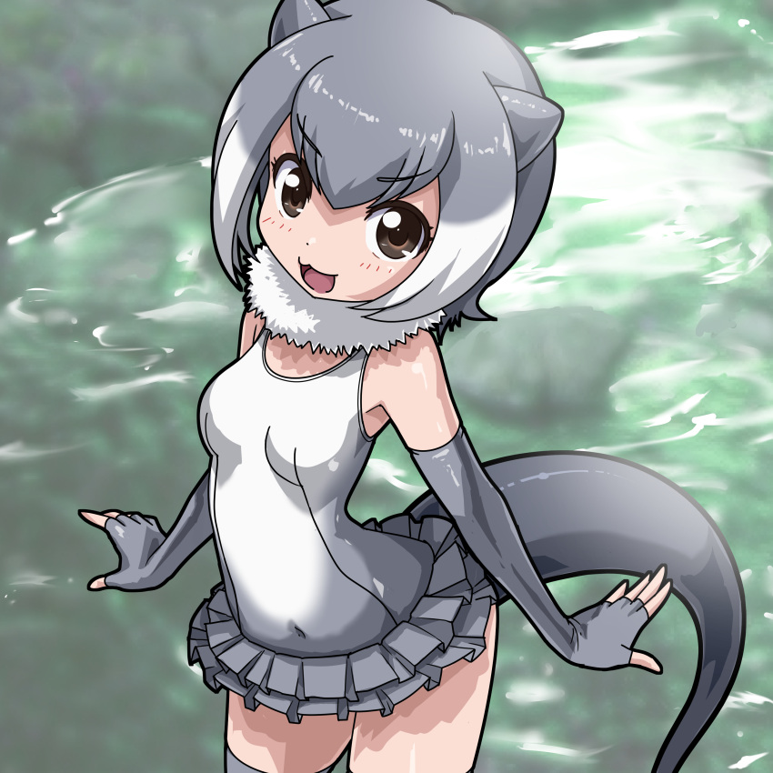 1girl :3 absurdres elbow_gloves eyebrows_visible_through_hair fingerless_gloves frilled_swimsuit frills from_above fur_collar gloves grey_gloves grey_hair grey_legwear grey_swimsuit highres kemono_friends looking_at_viewer multicolored_hair open_mouth otter_ears otter_tail rohitsuka short_hair small-clawed_otter_(kemono_friends) smile solo swimsuit tail thigh-highs two-tone_hair water white_hair