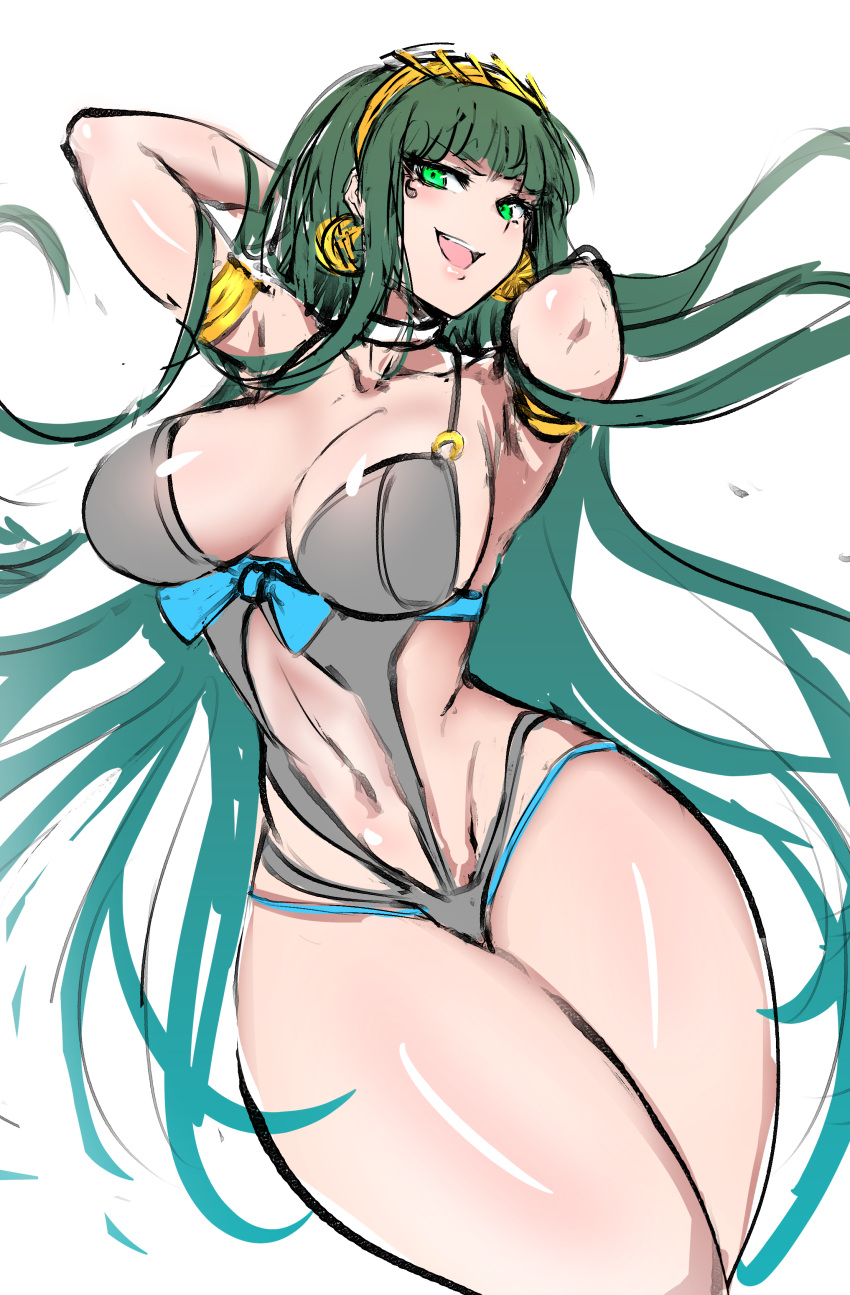 1girl :d absurdres armpits arms_behind_head blush breasts cleavage cleopatra_(fate/grand_order) fate/grand_order fate_(series) green_eyes green_hair hairband highres hometa long_hair looking_at_viewer navel one-piece_swimsuit open_mouth simple_background sketch smile solo swimsuit teeth very_long_hair white_background