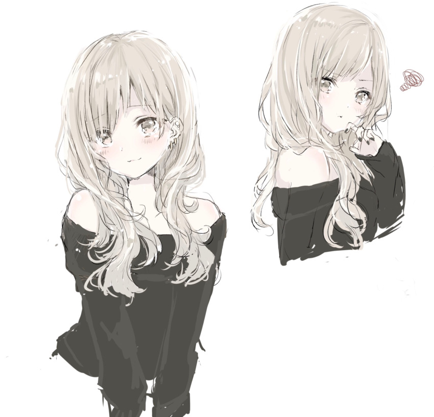 1girl :3 bangs black_sweater blonde_hair blush closed_mouth eyebrows_visible_through_hair fuyumino grey_background grey_eyes grey_eyes hair_over_shoulder highres light_smile long_hair looking_at_viewer multiple_girls off-shoulder_sweater off_shoulder original platinum_blonde pout silver_hair simple_background sketch smile squiggle sweater tsurime wavy_hair