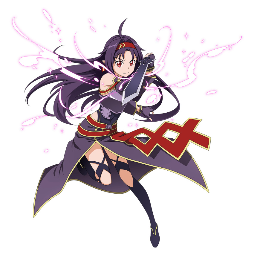 1girl ahoge armor black_legwear fingerless_gloves floating_hair full_body gloves hairband highres holding holding_sword holding_weapon long_hair looking_at_viewer official_art pointy_ears red_eyes smile solo sword sword_art_online thigh-highs transparent_background weapon yuuki_(sao)