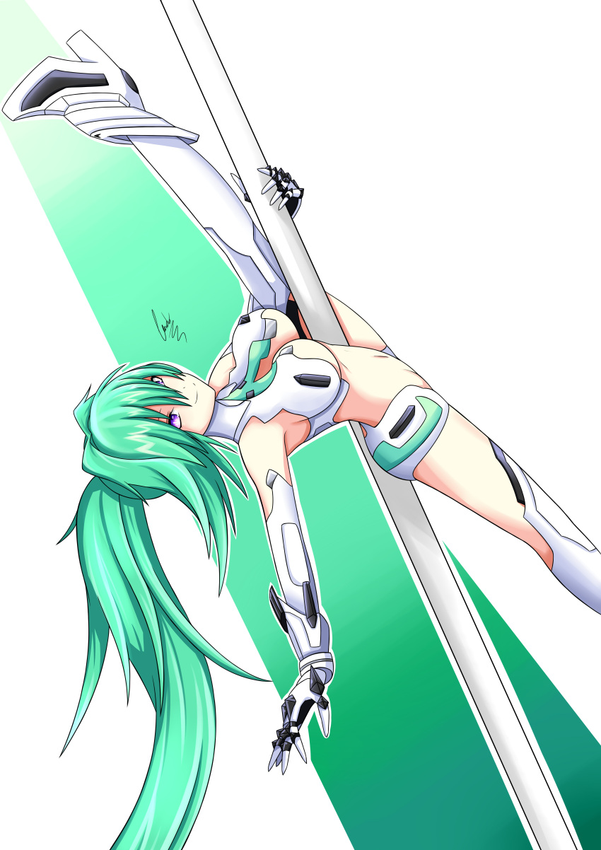 1girl absurdres breasts cundodeviant elbow_gloves flexible gloves green_hair green_heart high_heels highres large_breasts leg_up long_hair looking_at_viewer neptune_(series) pole_dancing ponytail revealing_clothes smile symbol-shaped_pupils thigh-highs vert very_long_hair violet_eyes