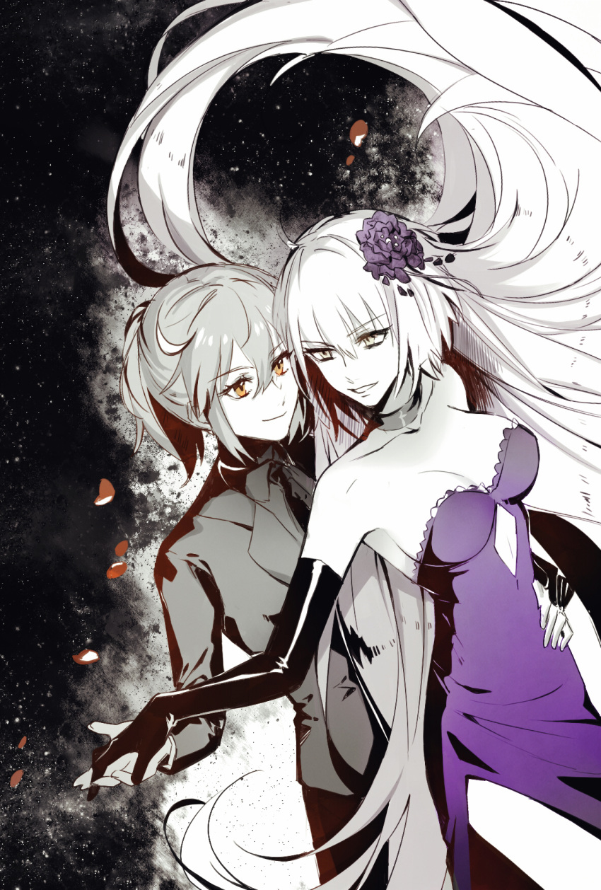 2girls absurdly_long_hair alter_(pixiv16866883) black_gloves black_jacket black_patns breasts cleavage collarbone cutout dress elbow_gloves eyebrows_visible_through_hair fate/grand_order fate_(series) floating_hair flower fujimaru_ritsuka_(female) gloves grey_hair hair_between_eyes hair_flower hair_ornament hand_on_another's_hip highres jacket jeanne_alter long_hair medium_breasts multiple_girls orange_eyes ponytail purple_dress purple_flower ruler_(fate/apocrypha) short_hair silver_hair sleeveless sleeveless_dress smile strapless strapless_dress very_long_hair