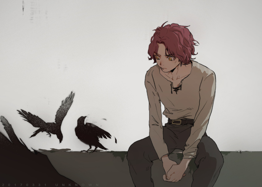 1boy ardyn_izunia bird final_fantasy final_fantasy_xv highres male_focus redhead short_hair sitting solo yellow_eyes younger