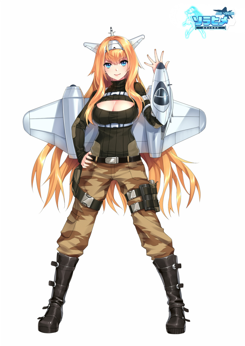 1girl ace_virgin aircraft airplane bangs belt black_sweater blue_eyes boots breasts camouflage camouflage_pants cleavage_cutout closed_mouth copyright_name eyebrows_visible_through_hair fhalei full_body hand_on_hip hand_up headgear highres knee_boots large_breasts leg_belt lips logo long_hair long_sleeves looking_at_viewer machinery mecha_musume orange_hair pants pouch ribbed_sweater simple_background smile solo standing sweater very_long_hair white_background