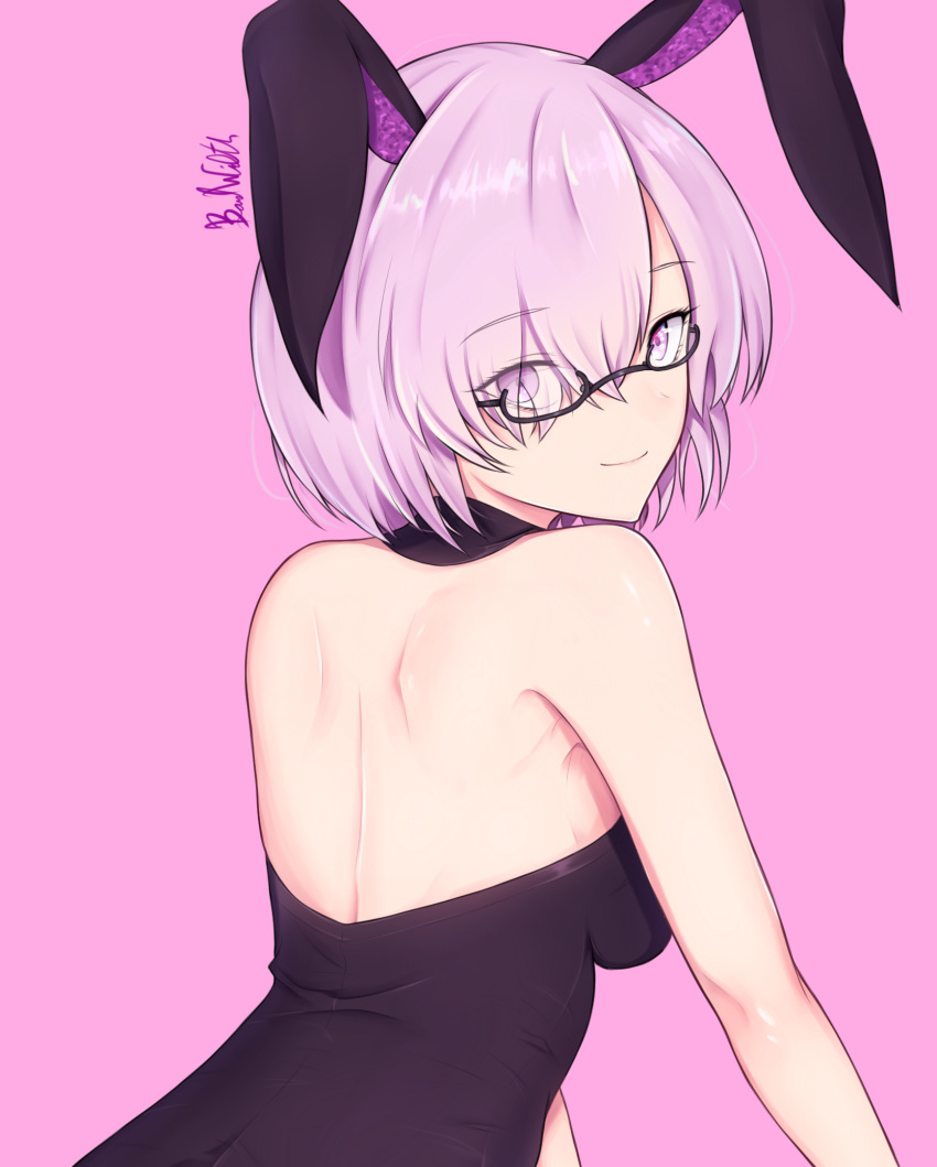 1girl animal_ears bare_back black-framed_eyewear blackwatchar breasts eyebrows_visible_through_hair eyes_visible_through_hair fate/grand_order fate_(series) from_behind hair_between_eyes hair_over_one_eye highres looking_at_viewer looking_back medium_breasts pink_background pink_eyes pink_hair rabbit_ears shielder_(fate/grand_order) shiny shiny_skin short_hair simple_background smile solo upper_body