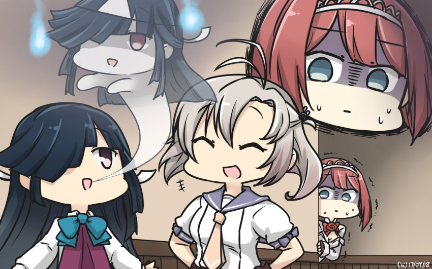 +++ 3girls :d antenna_hair ark_royal_(kantai_collection) around_corner blue_eyes bow bowtie brown_eyes closed_eyes commentary_request dated giving_up_the_ghost grey_hair hair_over_one_eye hamu_koutarou hands_on_hips hayashimo_(kantai_collection) highres hitodama indoors kantai_collection kinugasa_(kantai_collection) long_hair multiple_girls necktie open_mouth purple_hair redhead sailor_collar school_uniform serafuku shaded_face short_hair smile sweat tiara trembling triangular_headpiece