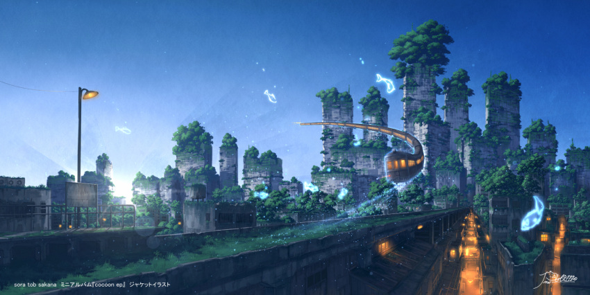 alley blue_sky building city cityscape commentary_request dark fantasy fish flying_train ground_vehicle highres lamppost lantern lens_flare light_particles night no_humans original outdoors overgrown pochi_(poti1990) post-apocalypse ruins scenery sky skyscraper sun train tree
