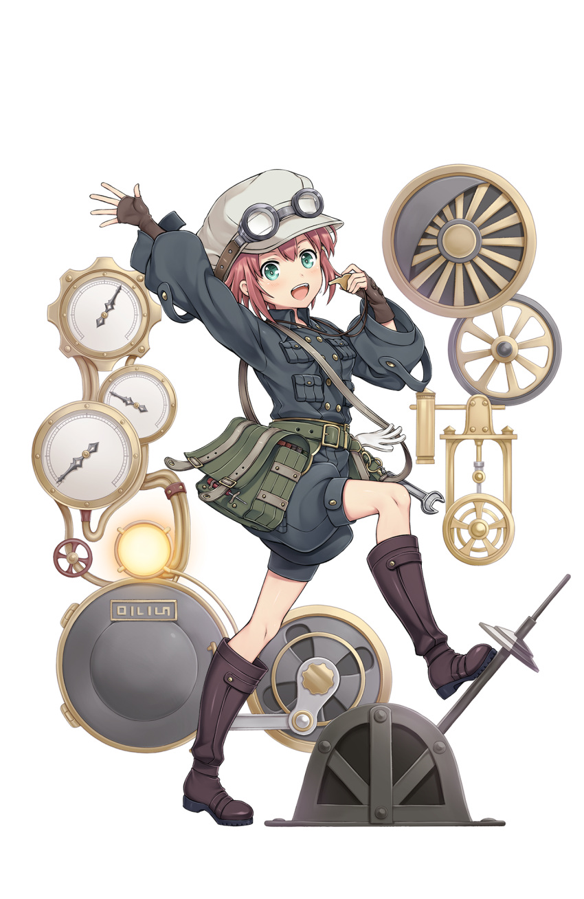 1girl :d aqua_eyes belt boots brown_boots brown_gloves fingerless_gloves full_body gauge gloves gloves_removed goggles goggles_on_headwear hat highres jacket lever looking_at_viewer open_mouth pouch princess_principal princess_principal_game_of_mission redhead short_hair smile solo standing standing_on_one_leg tina_flywheel utility_belt valve wheels whistle white_gloves wrench