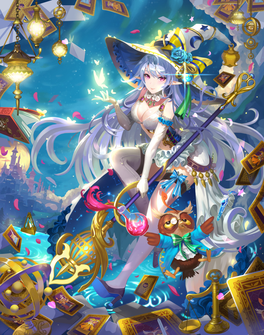1girl absurdly_long_hair absurdres bird breasts cleavage elbow_gloves gloves hat heart high_heels highres holding holding_staff hongse_beiyu large_breasts long_hair original owl pink_eyes pointy_ears silver_hair solo staff thigh-highs very_long_hair white_gloves white_legwear witch_hat