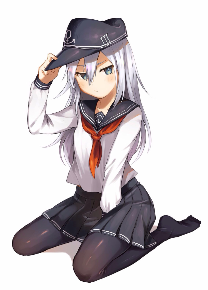 1girl :/ anchor_symbol between_legs black_legwear black_skirt blue_eyes commentary_request flat_cap full_body hair_between_eyes hand_between_legs hand_on_headwear hat hibiki_(kantai_collection) highres kantai_collection long_hair looking_at_viewer no_shoes pantyhose pleated_skirt school_uniform serafuku shiba_inu_(happy13227) silver_hair simple_background sitting skirt solo white_background