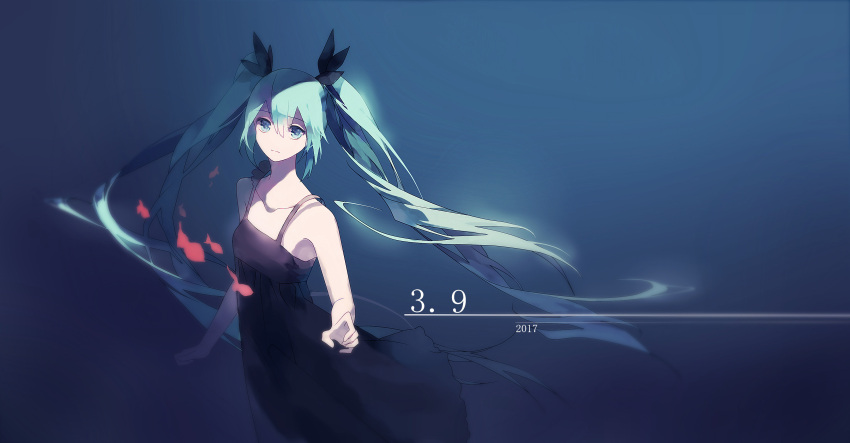 1girl 2017 absurdres black_dress black_ribbon blue_background blue_eyes blue_hair dated dress eyebrows_visible_through_hair floating_hair hair_between_eyes hair_ribbon hatsune_miku highres long_hair ribbon shinkai_shoujo_(vocaloid) sleeveless sleeveless_dress solo standing very_long_hair vocaloid