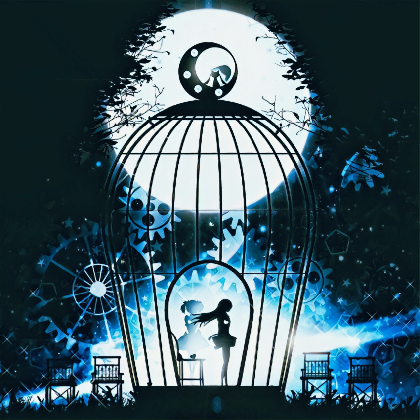 2girls akemi_homura birdcage cage chair full_moon gears harada_miyuki highres kaname_madoka kyubey limited_palette long_hair mahou_shoujo_madoka_magica moon multiple_girls silhouette standing two_side_up