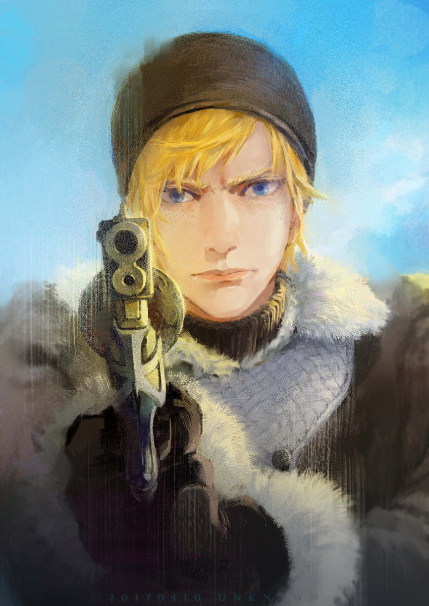 1boy absurdres beanie blonde_hair ezui faux_traditional_media final_fantasy final_fantasy_xv freckles fur_coat gloves gun hat highres male_focus muzzle pointillism prompto_argentum solo weapon