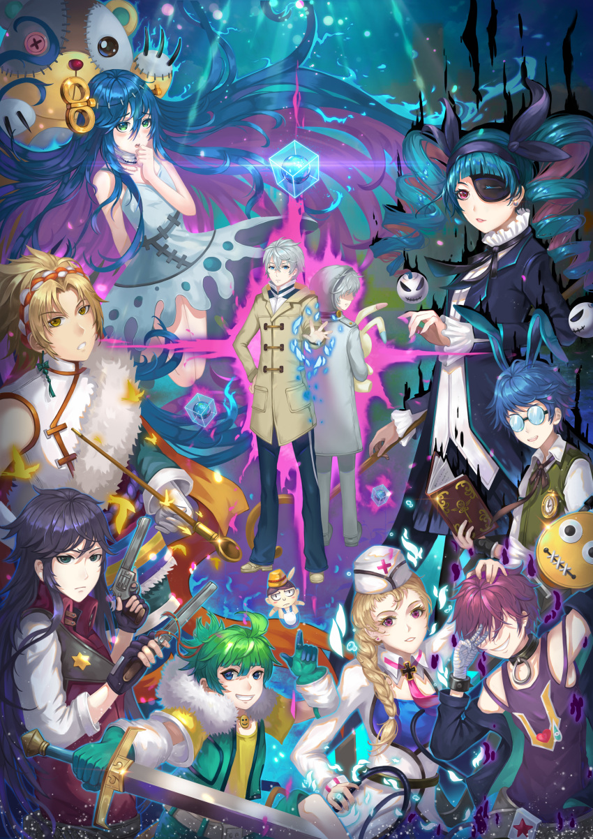 4boys 5girls absurdly_long_hair absurdres black_hair blue_eyes blue_hair blush book braid brown_eyes brown_hair character_request closed_mouth copyright_request drill_hair eyebrows_visible_through_hair eyepatch glasses green_eyes green_hair gun hat highres holding holding_book holding_gun holding_weapon hongse_beiyu long_hair looking_at_viewer looking_away multiple_boys multiple_girls nurse_cap parted_lips pink_eyes reading short_hair smile teeth very_long_hair weapon
