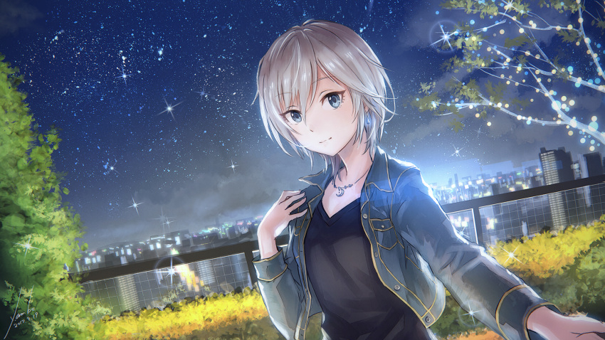 1girl anastasia_(idolmaster) anbe_yoshirou backlighting bangs black_shirt blue_eyes breast_pocket buttons denim denim_jacket dutch_angle earrings eyebrows_visible_through_hair fence highres idolmaster idolmaster_cinderella_girls jacket jewelry long_sleeves necklace night night_sky open_clothes open_jacket outdoors outstretched_arm pendant pocket pov shirt short_hair silver_hair sky smile solo sparkle star_(sky) starry_sky tree tsurime unbuttoned upper_body v-neck