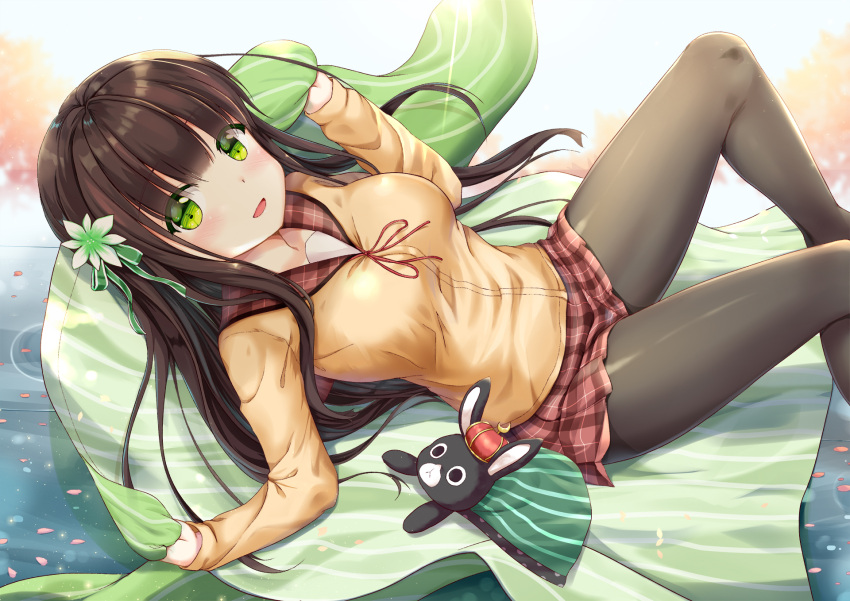 1girl animal anko_(gochiusa) bangs black_legwear blunt_bangs breasts brown_hair commentary_request cowboy_shot gochuumon_wa_usagi_desu_ka? green_eyes highres long_hair long_sleeves looking_at_viewer lying medium_breasts niiya on_back pantyhose plaid plaid_skirt pleated_skirt rabbit sailor_collar school_uniform serafuku sidelocks skirt ujimatsu_chiya