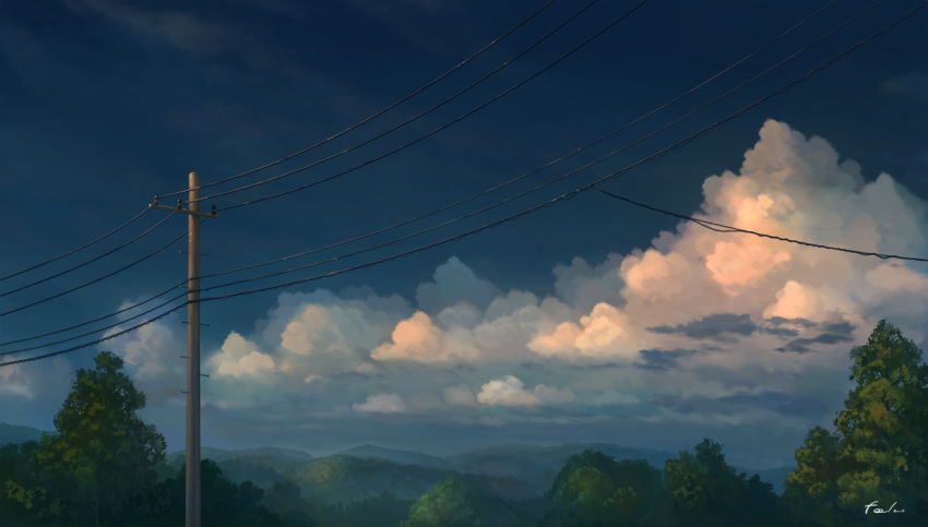 blue_sky clouds cloudy_sky commentary_request day feel_(nasitaki) forest nature no_humans original outdoors power_lines scenery signature sky telephone_pole tree