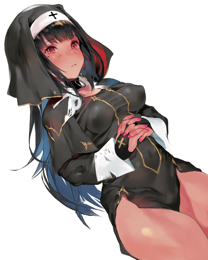 1girl black_hair blush breasts highres long_hair looking_at_viewer mole mole_under_eye nail_polish nun original pink_nails red_eyes simple_background solo thighs unkq white_background