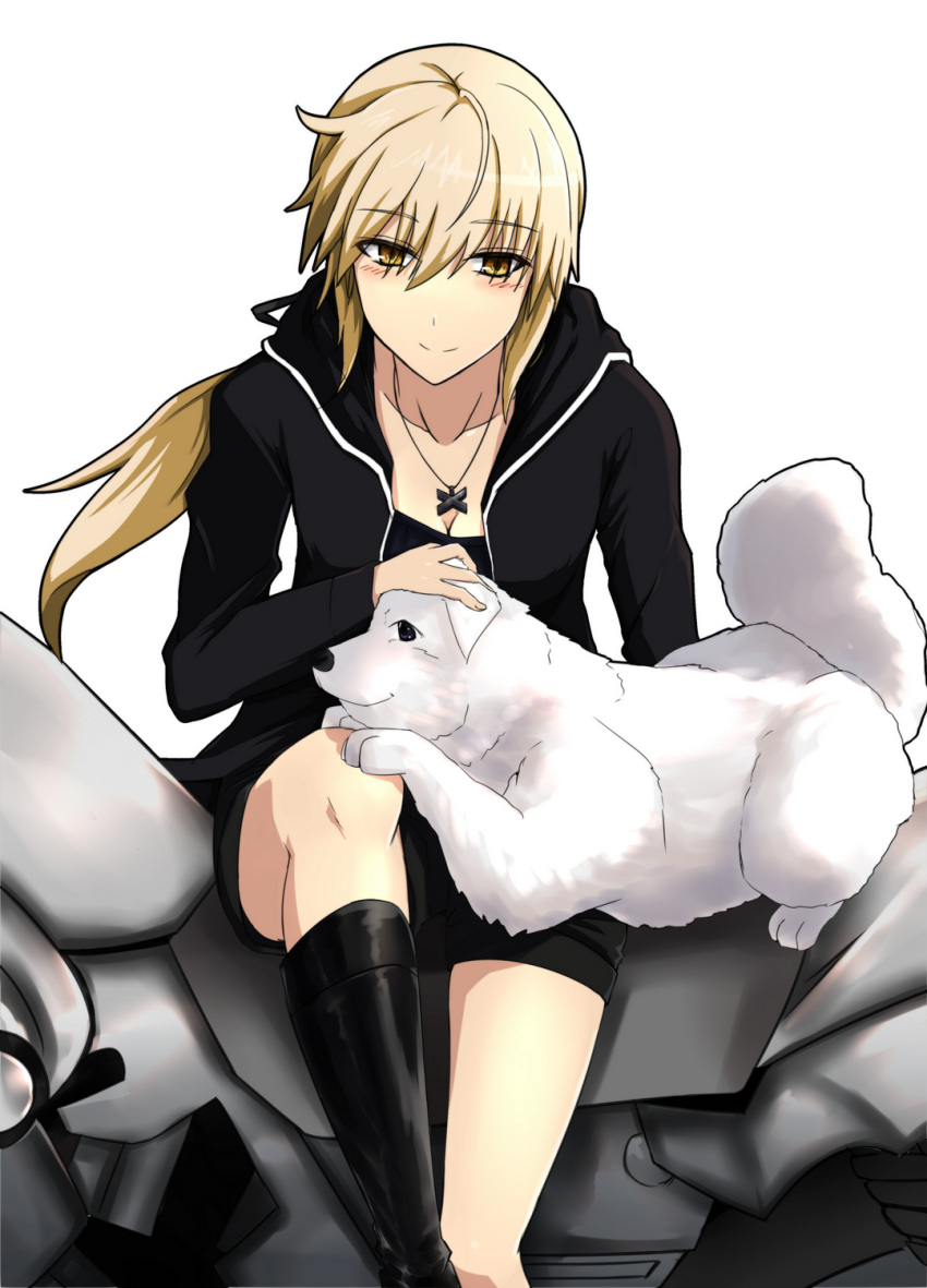 1girl artoria_pendragon_(all) black_boots black_ribbon black_shorts blonde_hair blush boots breasts cleavage collarbone dog eyebrows_visible_through_hair fate_(series) hair_between_eyes hair_ribbon highres jewelry langqing_zoutianya long_hair necklace ponytail ribbon saber_alter short_shorts shorts sitting small_breasts smile solo yellow_eyes