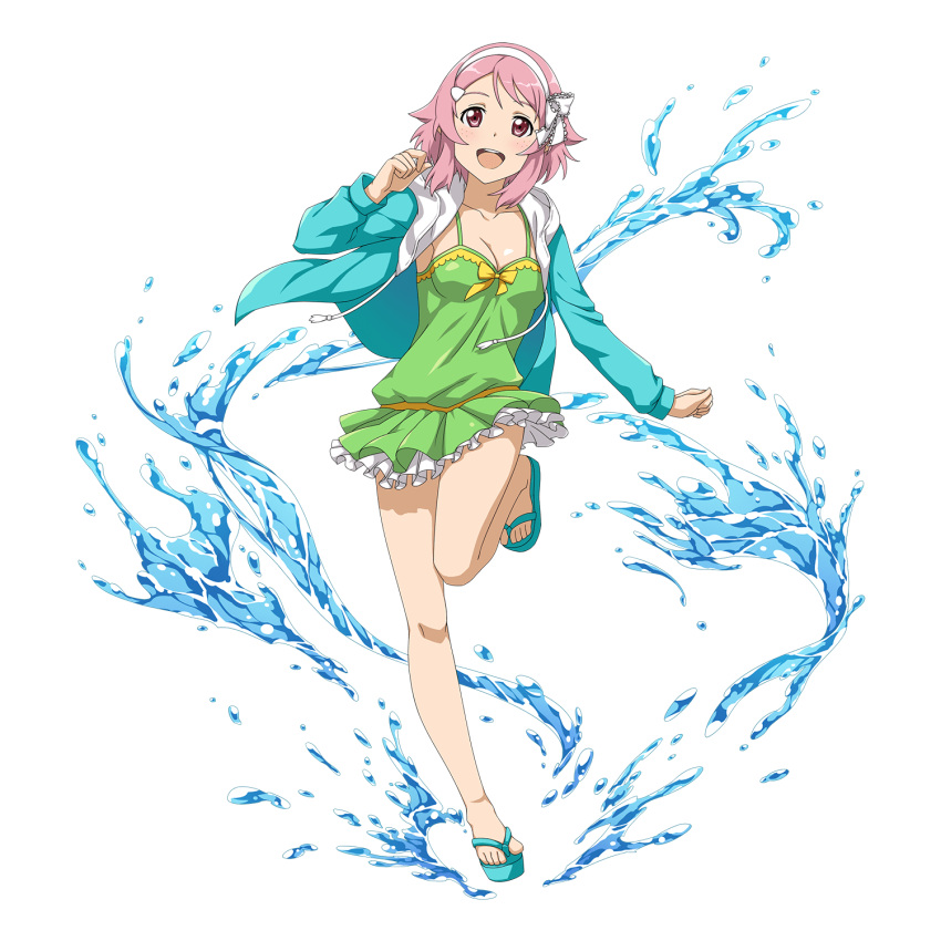 1girl :d blue_sweater breasts cardigan cleavage collarbone dress full_body green_dress hairband highres lisbeth medium_breasts one_leg_raised open_cardigan open_clothes open_mouth pink_hair red_eyes short_dress short_hair sideboob smile solo standing standing_on_one_leg sweater sword_art_online transparent_background white_hairband