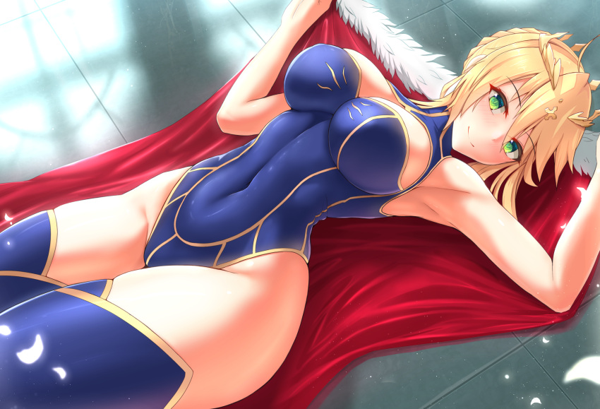 1girl ahoge armpits artoria_pendragon_(all) artoria_pendragon_(lancer) bare_shoulders blonde_hair blue_legwear blue_leotard blush braid breasts cape cleavage closed_mouth commentary_request covered_navel crown damao_yu eyebrows_visible_through_hair eyes_visible_through_hair fate/grand_order fate_(series) fur_trim green_eyes highleg highleg_leotard highres indoors large_breasts leotard looking_at_viewer lying on_back on_floor petals red_cape revision smile solo thigh-highs