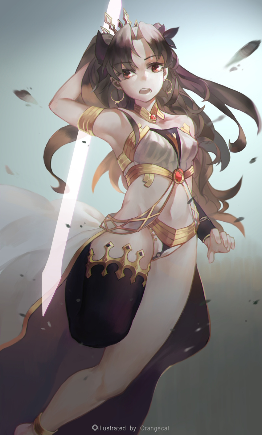 1girl anni_de_chengzi_mao arm_behind_back armpits artist_name breasts brown_hair crown dutch_angle earrings fate/grand_order fate_(series) groin highres hips hoop_earrings ishtar_(fate/grand_order) jewelry long_hair medium_breasts navel red_eyes single_thighhigh solo standing standing_on_one_leg sword thigh-highs tohsaka_rin twintails waist_cape weapon