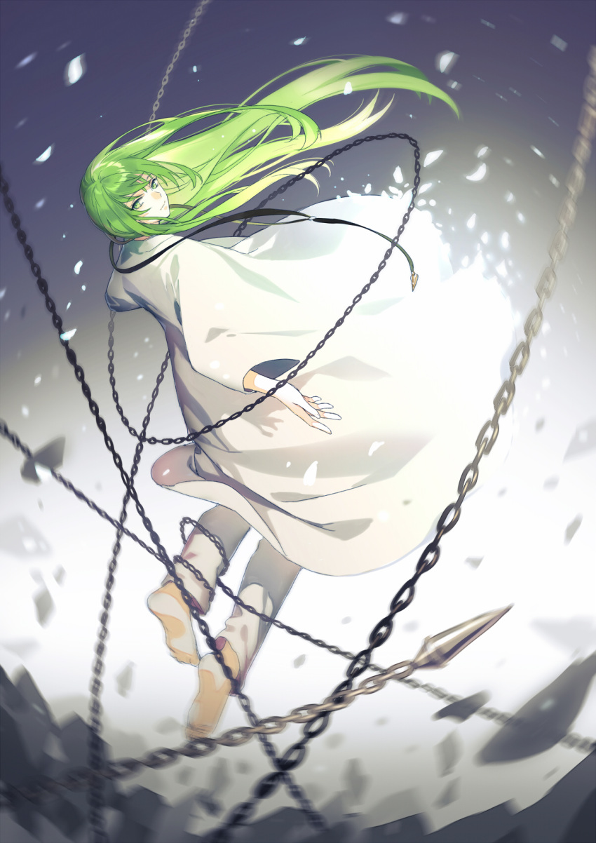 1boy bangs barefoot chains closed_mouth debris enkidu_(fate/strange_fake) enkidu_(weapon) eyebrows_visible_through_hair fate/strange_fake fate_(series) fhalei from_behind full_body green_eyes green_hair highres long_hair long_sleeves looking_at_viewer looking_back male_focus robe solo white_robe