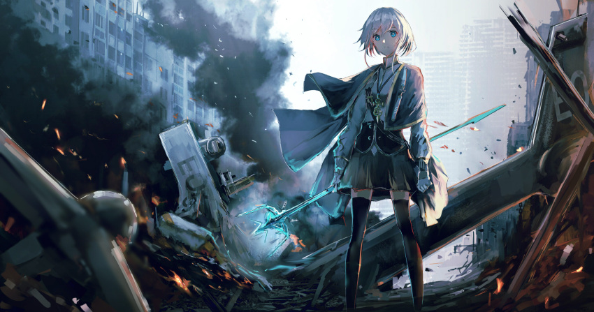 1girl bangs black_legwear black_skirt blue_eyes capelet closed_mouth day glowing glowing_weapon highres holding holding_weapon lanyard legs_apart looking_at_viewer original outdoors polearm ruins short_hair_with_long_locks sidelocks silver_hair skinny skirt smoke solo standing swav thigh-highs trident weapon