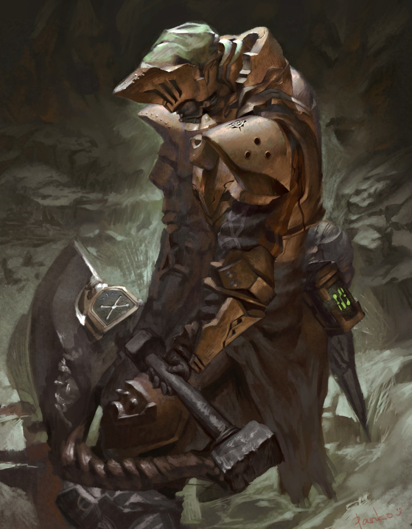 1boy armor breastplate from_side full_armor gauntlets greatsword helmet highres holding holding_sword holding_weapon huge_weapon insect_cage male_focus monster_hunter monster_hunter:_world outdoors panko_(drive_co) solo standing sword weapon