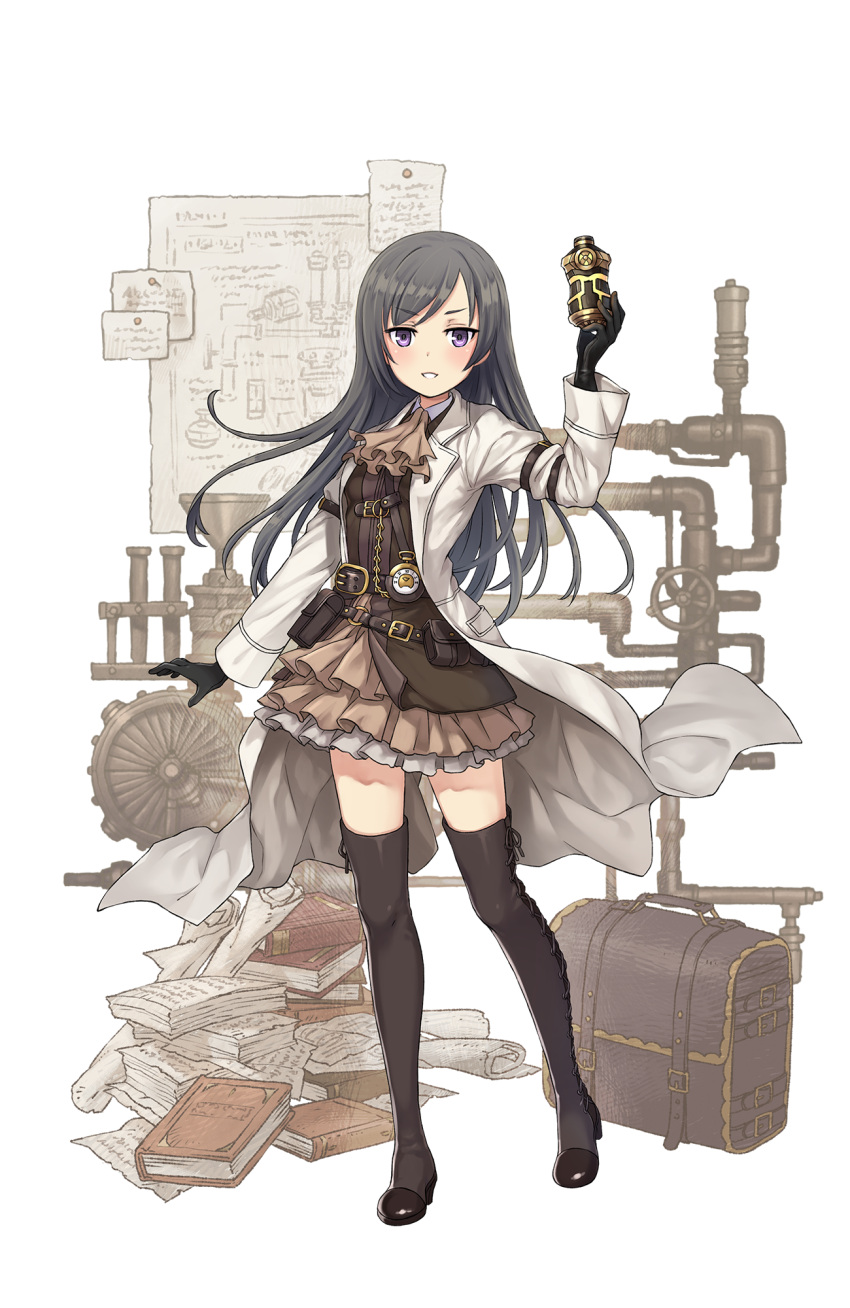 1girl ascot backpack bag belt belt_pouch black_gloves black_hair boots brown_skirt cross-laced_footwear explosive gloves grenade hand_up highres long_hair looking_at_viewer official_art open_mouth paper pile_of_books pipes princess_principal princess_principal_game_of_mission schematics scroll skirt smile sophie_mackenzie standing suitcase thigh-highs thigh_boots valve violet_eyes watch