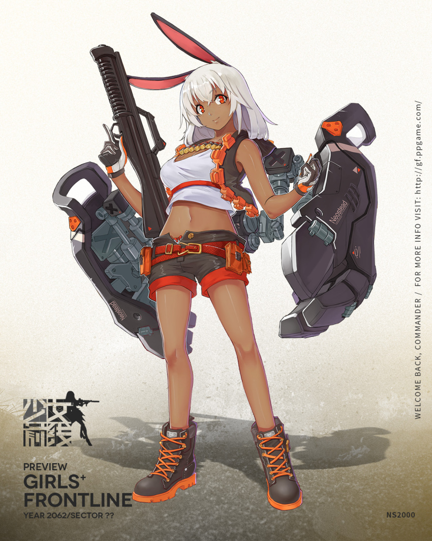 &gt;:) 1girl animal_ears artist_request bangs bare_legs black_gloves black_shorts character_name closed_mouth copyright_name crossed_bangs dark_skin full_body girls_frontline gloves gun hands_up high_tops highres holding holding_gun holding_weapon long_hair looking_at_viewer midriff navel neostead ns2000_(girls_frontline) official_art rabbit_ears red_eyes rigging shadow shoes short_shorts shorts shotgun shotgun_shells smile sneakers solo tank_top watermark weapon web_address white_hair