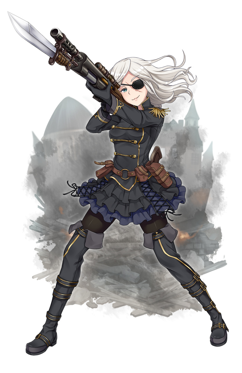 1girl belt_pouch black_boots black_gloves black_legwear black_skirt blue_eyes blurry blurry_background boots breasts cuervo epaulettes eyepatch frilled_skirt frills full_body gloves gun highres holding holding_gun holding_weapon holster knife official_art pantyhose princess_principal princess_principal_game_of_mission rifle rubble scar skirt standing thigh-highs thigh_boots weapon weapon_request