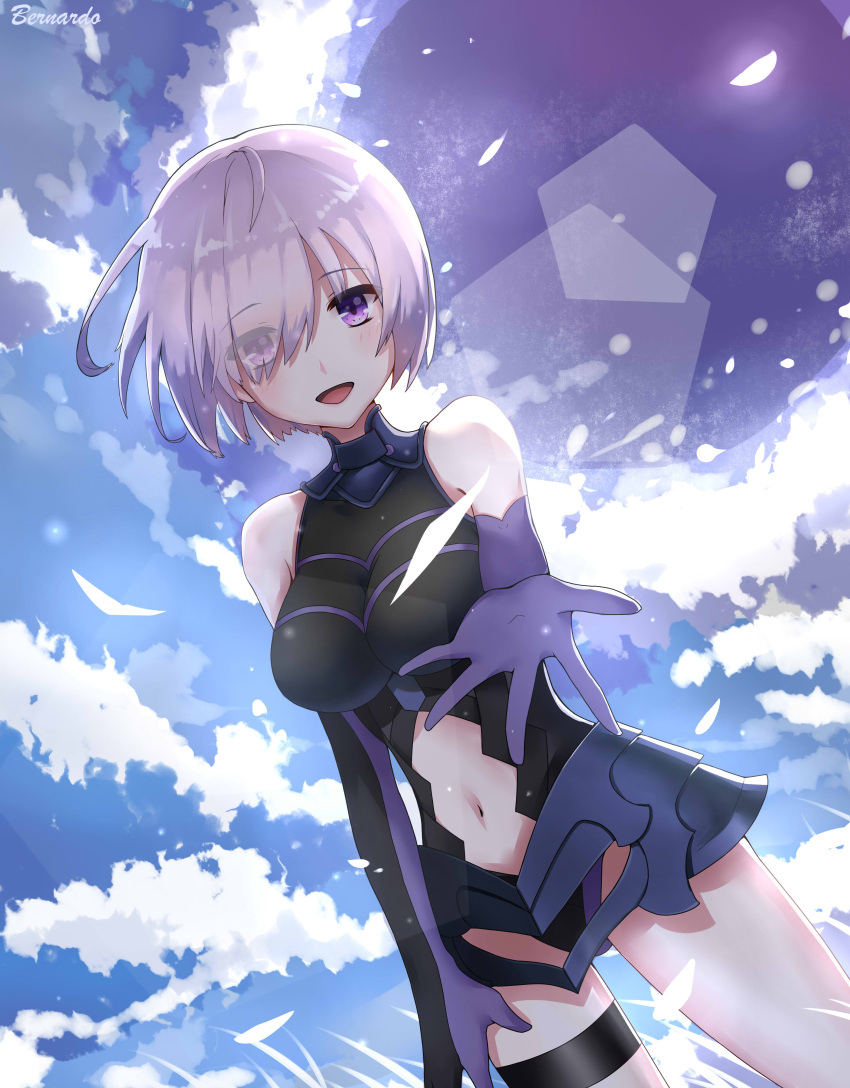 1girl :d absurdres armor bernardo_(artist) breasts breasts_apart cowboy_shot cutout day dutch_angle elbow_gloves eyes_visible_through_hair fate/grand_order fate_(series) gloves hair_over_one_eye highres medium_breasts midriff navel open_mouth outdoors purple_gloves shielder_(fate/grand_order) short_hair silver_hair smile solo standing stomach thigh_strap violet_eyes