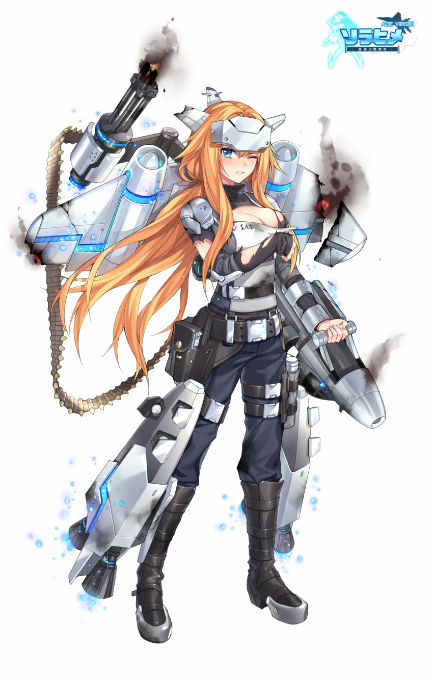 1girl ace_virgin aircraft airplane bangs blue_eyes blue_pants blush boots breasts broken cannon cleavage_cutout clenched_teeth copyright_name fhalei full_body gun headgear highres holding holding_gun holding_weapon knee_boots large_breasts leg_belt lips logo long_hair long_sleeves looking_at_viewer machinery mecha_musume orange_hair pants parted_lips simple_background solo standing teeth torn_clothes very_long_hair weapon white_background