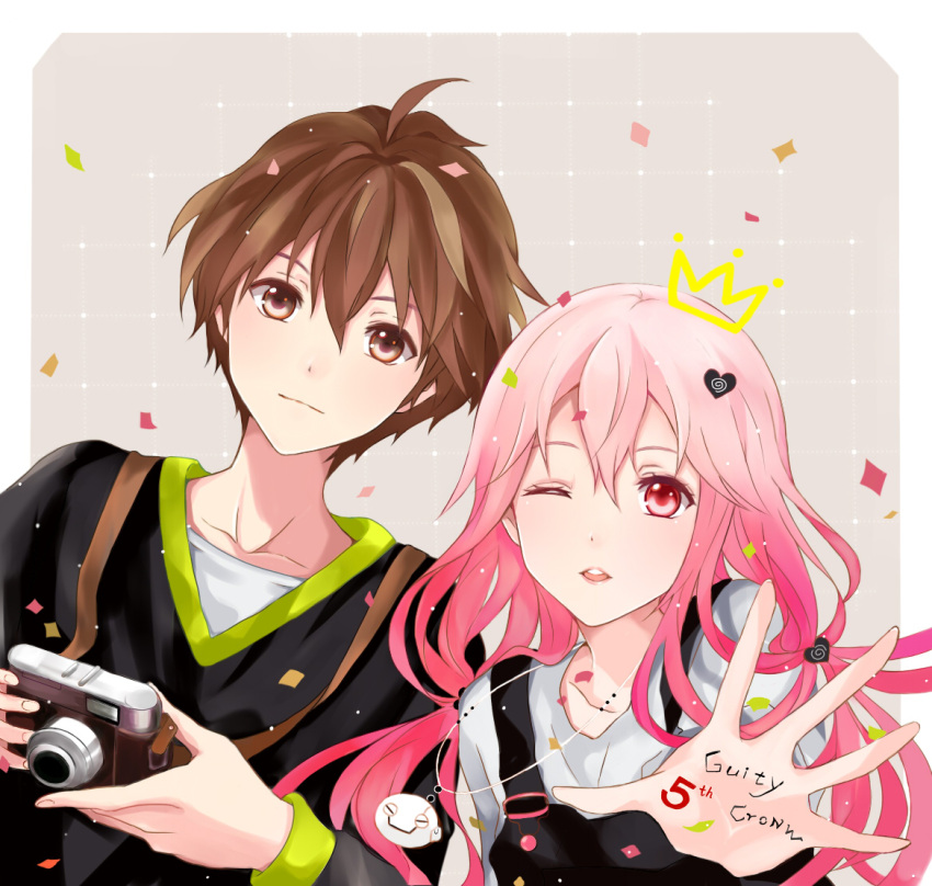 1boy 1girl brown_eyes brown_hair camera collarbone copyright_name floating_hair grey_shirt guilty_crown hair_between_eyes hair_ornament heart_hair_ornament holding holding_camera jewelry long_hair necklace one_eye_closed ouma_shuu parted_lips pink_hair red_eyes shirt upper_body yukilus yuzuriha_inori