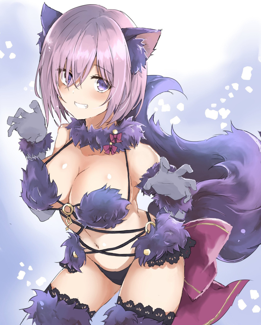 1girl animal_ears bangs black_legwear black_panties blush breasts claw_pose cleavage collarbone cowboy_shot elbow_gloves eyebrows_visible_through_hair fate/grand_order fate_(series) fox_ears fox_tail fur-trimmed_legwear fur_collar fur_trim fuyumino gloves grey_gloves grin hair_over_one_eye hands_up highres lace lace-trimmed_thighhighs large_breasts leaning_forward looking_at_viewer navel o-ring_top panties purple_hair shielder_(fate/grand_order) short_hair smile solo tail teeth thigh-highs thighs underwear violet_eyes