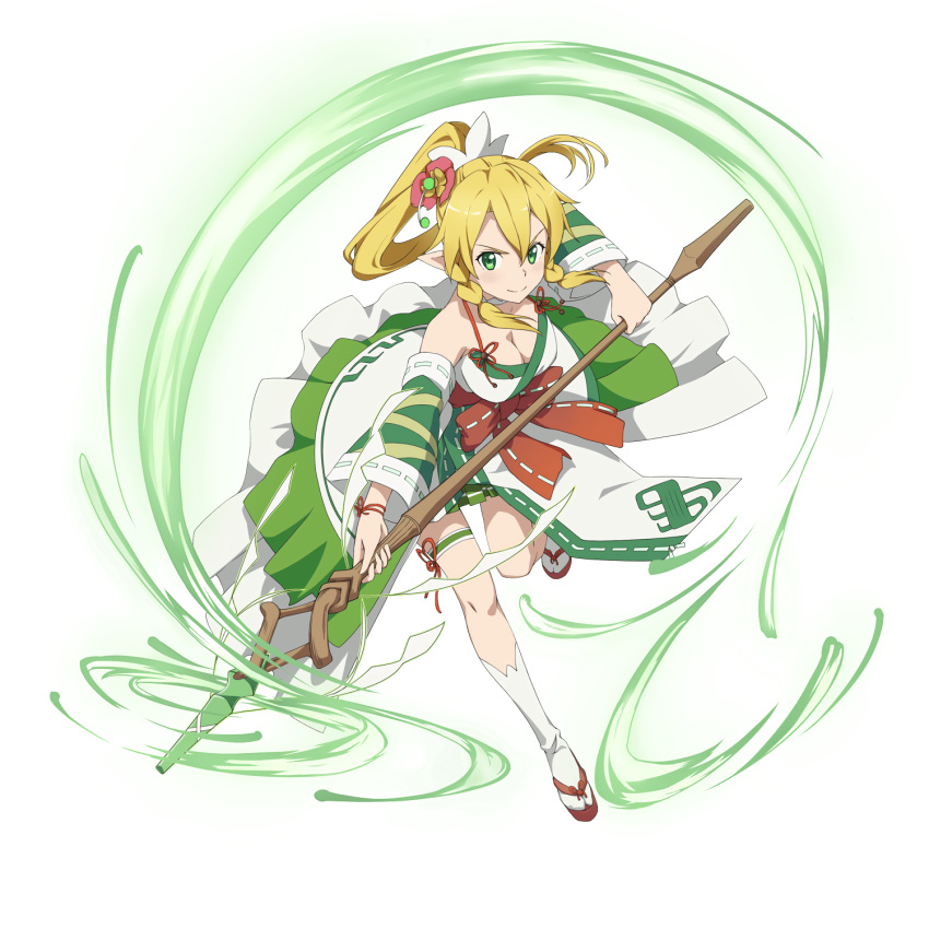 1girl blonde_hair bow breasts cleavage detached_sleeves floating_hair full_body green_eyes hair_bow hair_ornament high_ponytail highres holding holding_staff large_breasts leafa leaning_forward one_leg_raised pointy_ears red_ribbon ribbon ribbon-trimmed_sleeves ribbon_trim smile solo staff sword_art_online thigh_strap transparent_background white_legwear wrist_ribbon