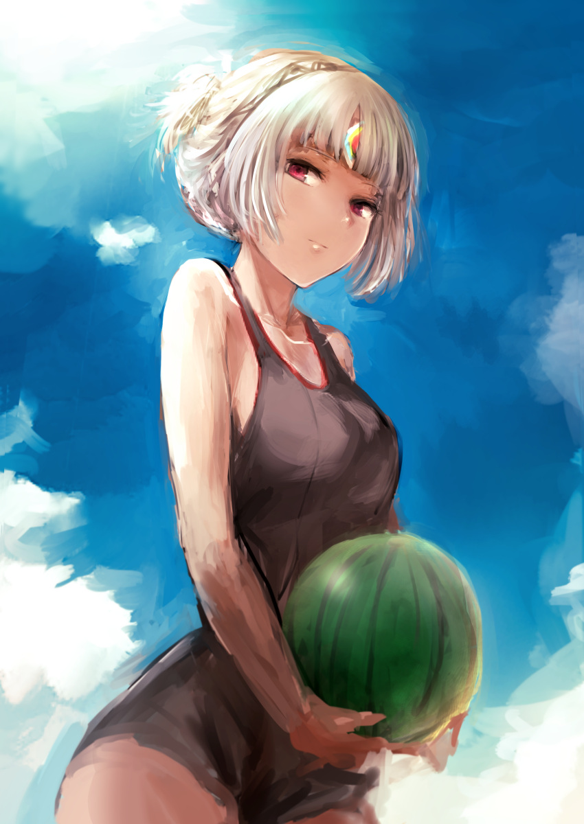 1girl absurdres altera_(fate) bangs black_swimsuit blue_skirt blunt_bangs breasts fate/grand_order fate_(series) food fruit highres hometa looking_at_viewer one-piece_swimsuit outdoors red_eyes skirt solo swimsuit tattoo watermelon white_hair