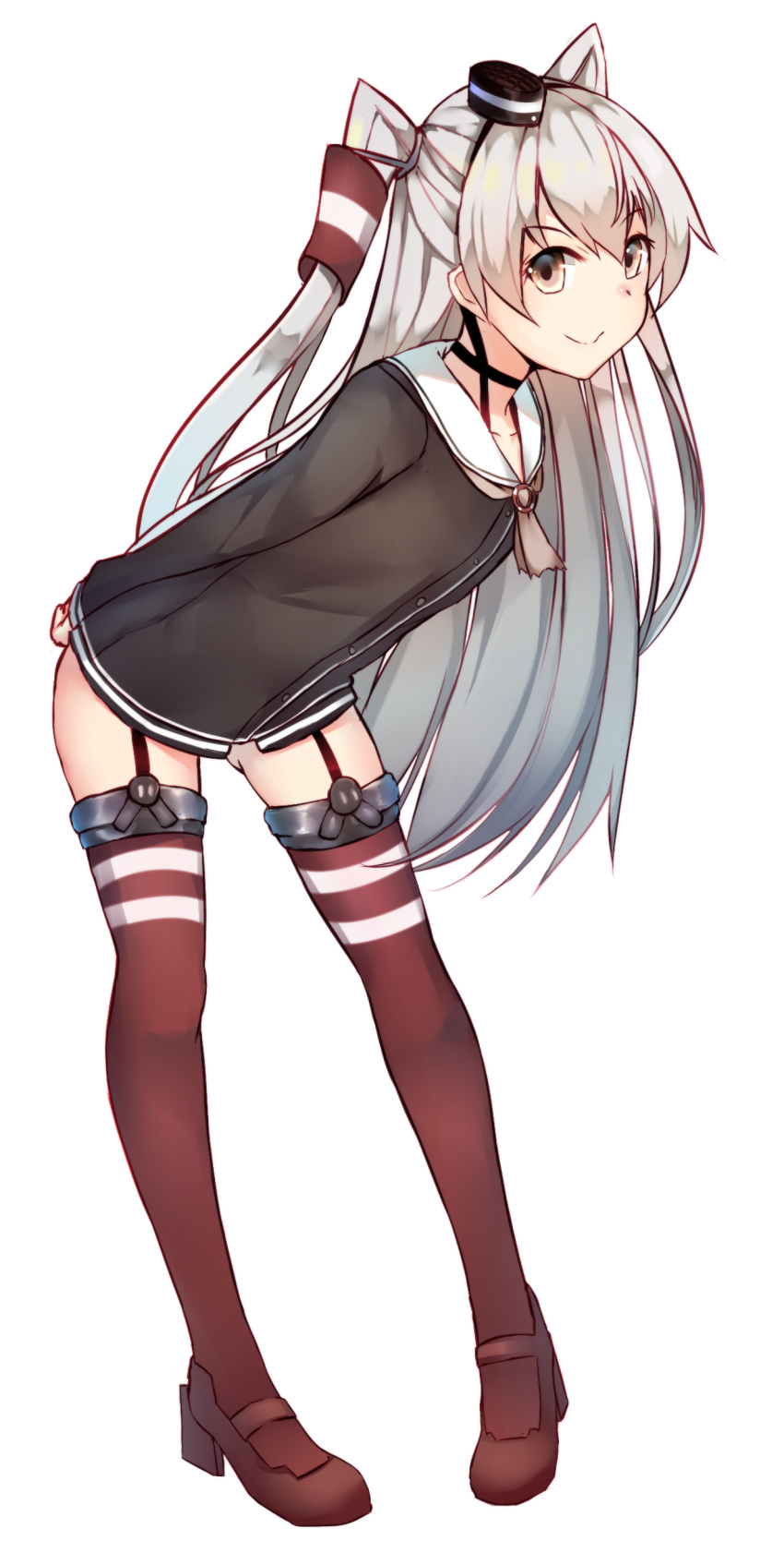 absurdres amatsukaze_(kantai_collection) arms_behind_back black_hairband black_shirt bottomless brown_eyes choker collarbone full_body garter_straps hair_between_eyes hairband highres kantai_collection kure_(kure_ng) leaning_forward long_hair looking_at_viewer red_legwear shirt silver_hair simple_background smile standing thigh-highs twintails very_long_hair white_background