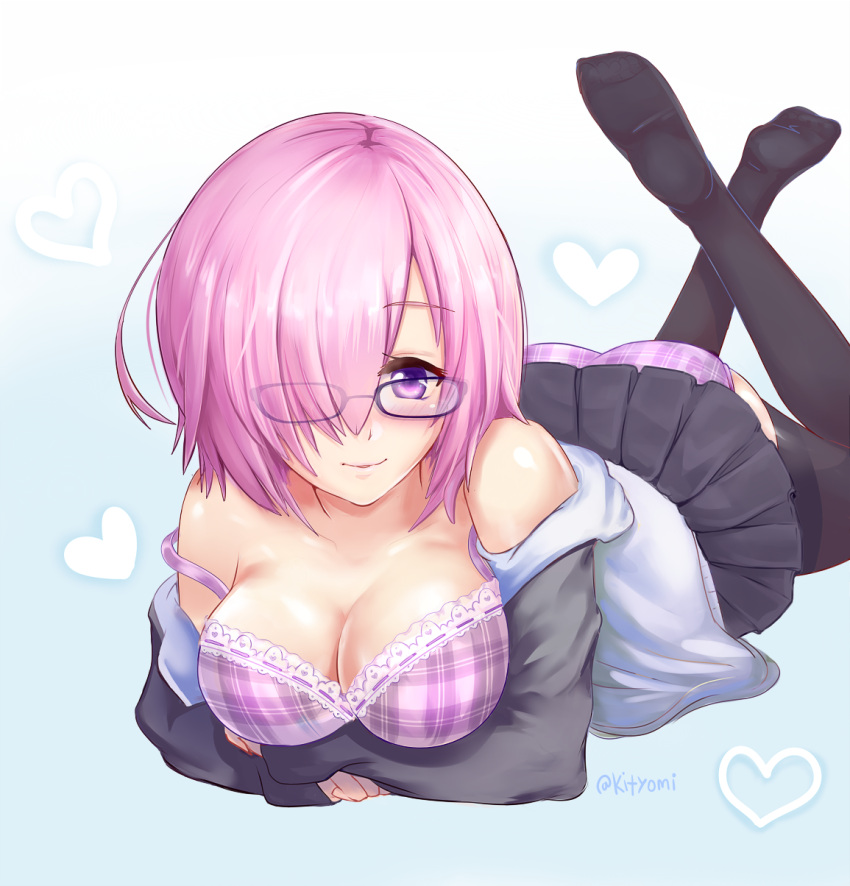 1girl ass black_legwear black_skirt blush bra breasts cleavage fate/grand_order fate_(series) glasses hair_over_one_eye heart highres jacket kityomi large_breasts looking_at_viewer lying off_shoulder on_stomach panties plaid plaid_bra plaid_panties pleated_skirt purple_hair shielder_(fate/grand_order) short_hair skirt smile solo strap_slip thigh-highs twitter_username underwear violet_eyes