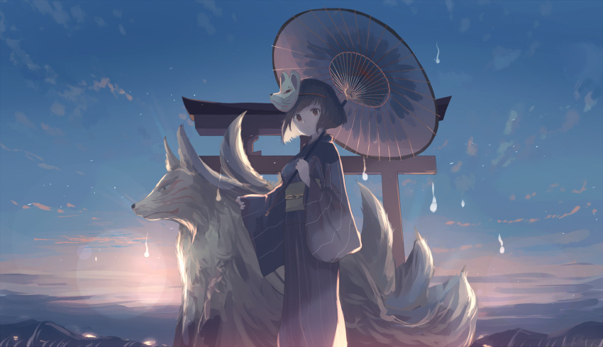 1girl animal blue_sky brown_eyes brown_hair fox fox_mask highres japanese_clothes kimono kitsune looking_at_viewer mask mifuru multiple_tails obi oriental_umbrella original sash scenery short_hair sky tail torii umbrella