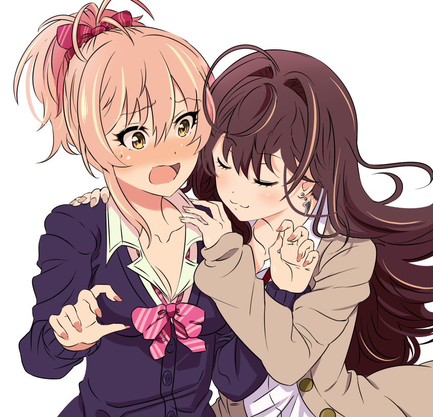 2girls absurdres ahoge bow bowtie breasts brown_hair cleavage closed_eyes collarbone earrings eyebrows_visible_through_hair floating_hair grey_sweater hair_between_eyes hair_bow hands_on_another's_shoulders highres ichinose_shiki idolmaster idolmaster_cinderella_girls jewelry jougasaki_mika long_hair medium_breasts multiple_girls okuba open_mouth pink_bow pink_bowtie pink_hair ponytail purple_sweater red_bow shirt simple_background smile striped striped_bow striped_bowtie upper_body very_long_hair white_background white_shirt yellow_eyes